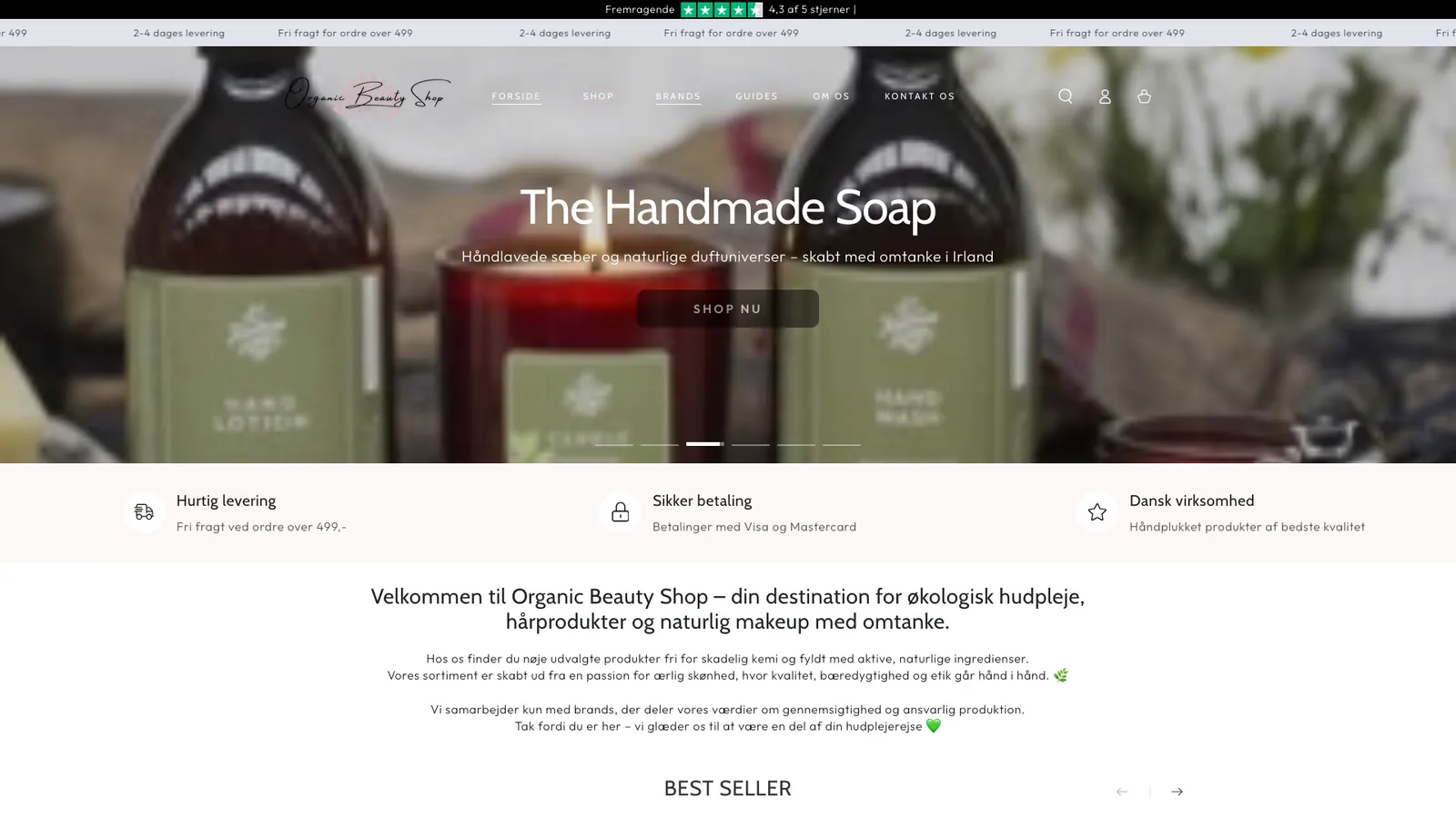 Forsiden af Organic Beauty Shops hjemmeside